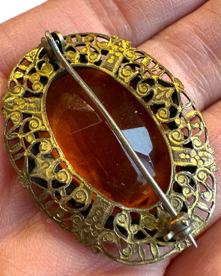Vintage CZECH amber glass brassy finish filagree brooch