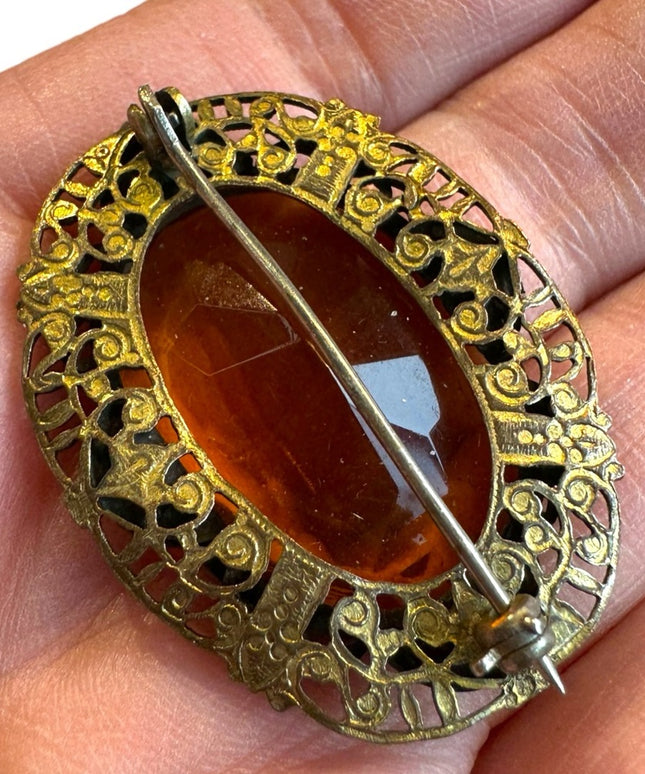Vintage CZECH amber glass brassy finish filagree brooch