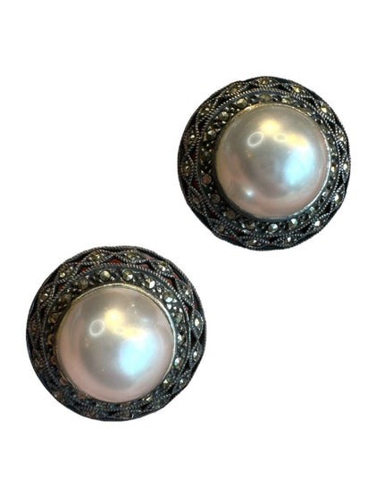 Large faux pearl marcasite sterling silver large 925 earrings