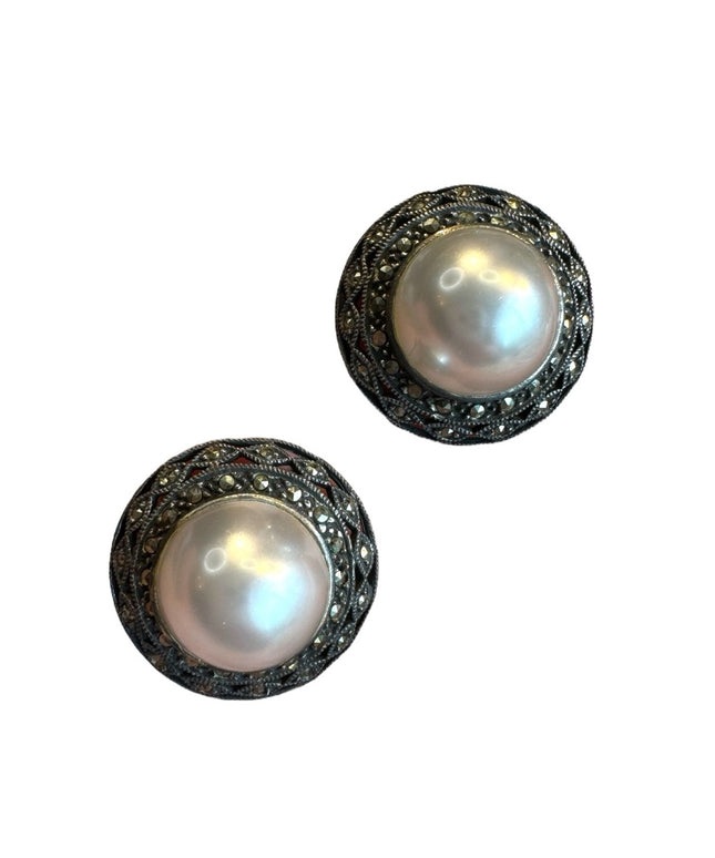 Large faux pearl marcasite sterling silver large 925 earrings
