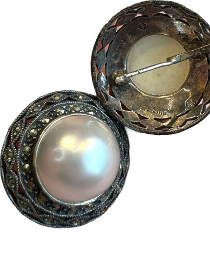 Large faux pearl marcasite sterling silver large 925 earrings