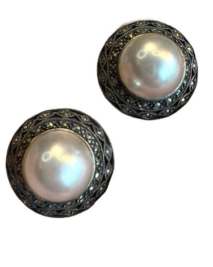 Large faux pearl marcasite sterling silver large 925 earrings