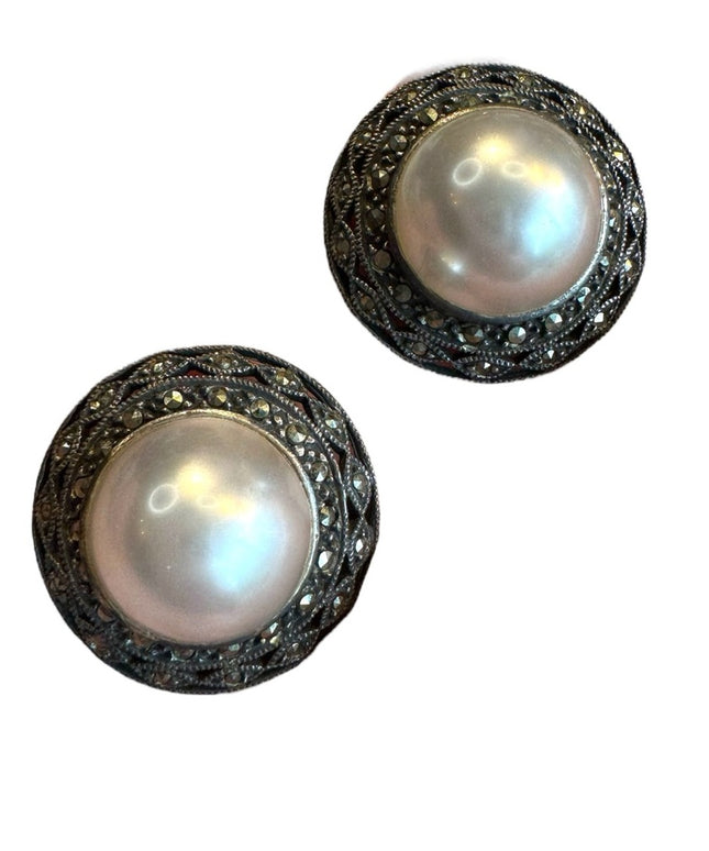 Large faux pearl marcasite sterling silver large 925 earrings