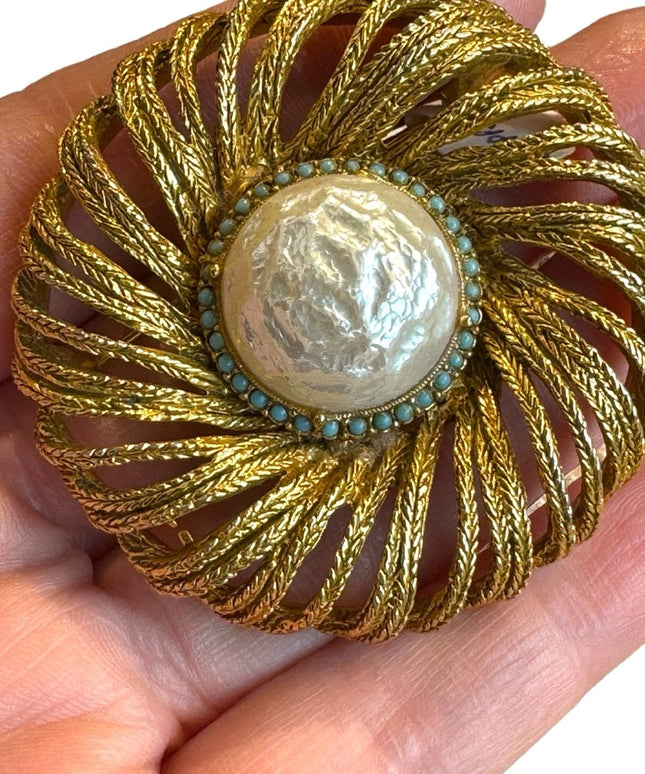 Stunning rare CAPRI brushed gold plt Faux pearl swirl textured flower brooch