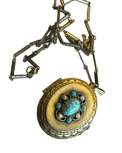 Vintage antiqued gold finish large locket beaded necklace