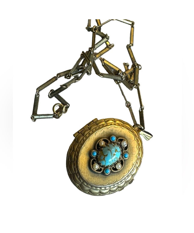 Vintage antiqued gold finish large locket beaded necklace