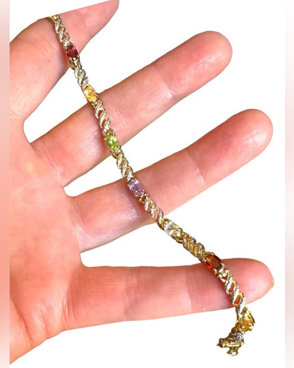 Sterling silver multi gemstone fancy tennis bracelet gold plt 925