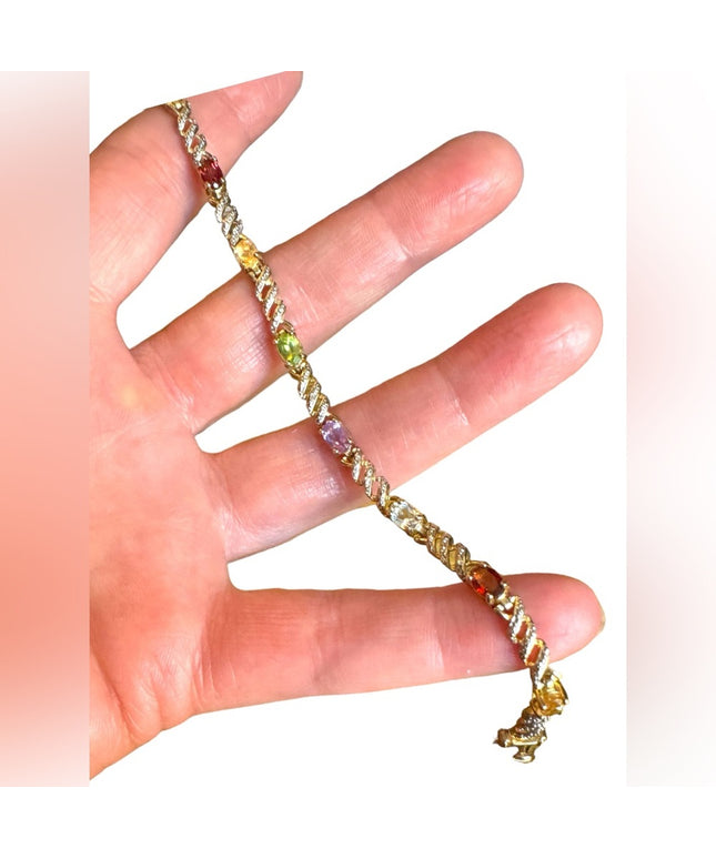 Sterling silver multi gemstone fancy tennis bracelet gold plt 925
