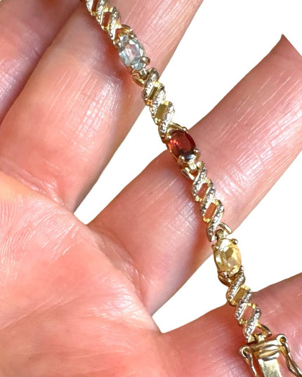 Sterling silver multi gemstone fancy tennis bracelet gold plt 925