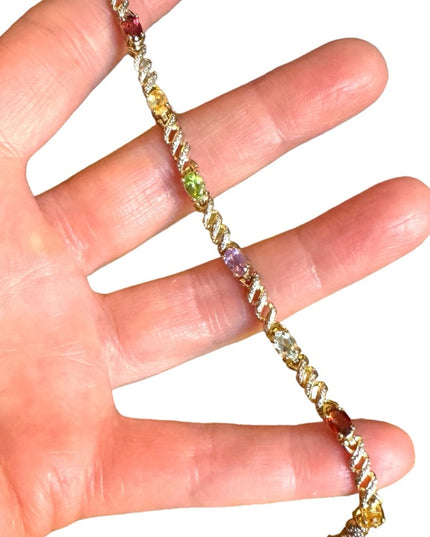 Sterling silver multi gemstone fancy tennis bracelet gold plt 925
