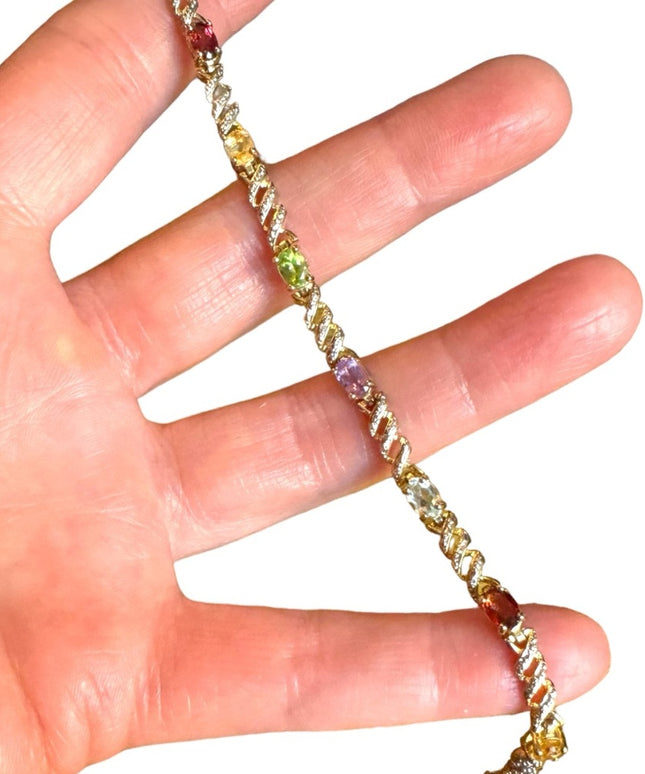 Sterling silver multi gemstone fancy tennis bracelet gold plt 925