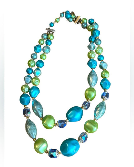 Vintage 1960s green blue lovely faux pearled crystal 2 strand necklace