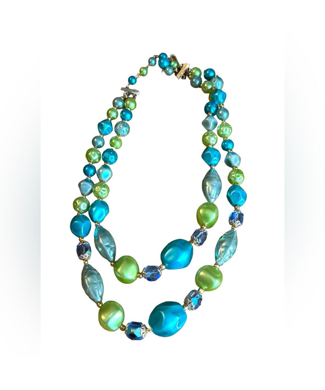 Vintage 1960s green blue lovely faux pearled crystal 2 strand necklace