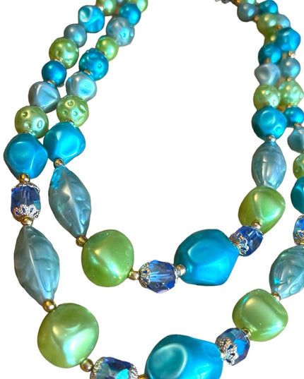 Vintage 1960s green blue lovely faux pearled crystal 2 strand necklace