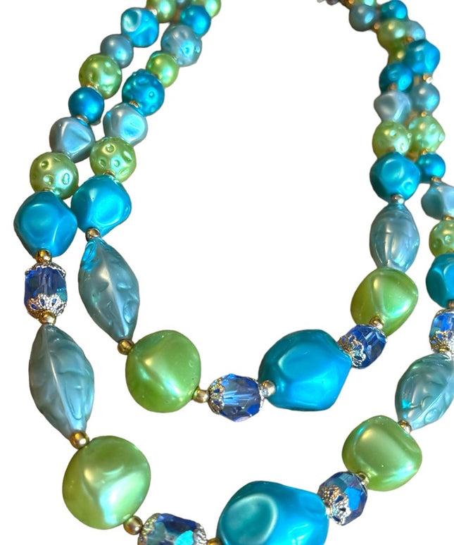 Vintage 1960s green blue lovely faux pearled crystal 2 strand necklace