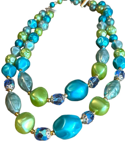 Vintage 1960s green blue lovely faux pearled crystal 2 strand necklace