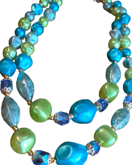 Vintage 1960s green blue lovely faux pearled crystal 2 strand necklace