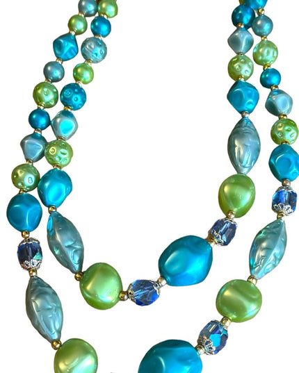 Vintage 1960s green blue lovely faux pearled crystal 2 strand necklace