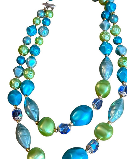 Vintage 1960s green blue lovely faux pearled crystal 2 strand necklace