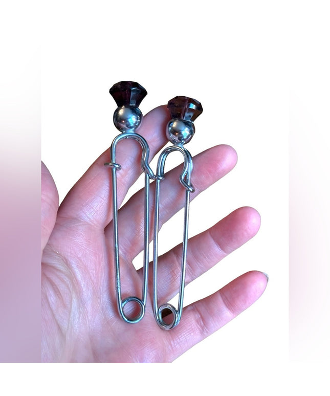 Vintage Lovely purple crystal Large Scottish KILT pins brooches silver finish