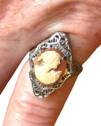 Antique sterling silver filagree shell cameo ring 925 art deco Victorian