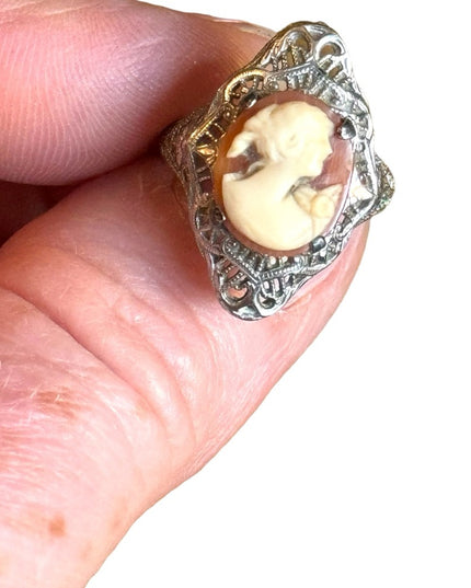 Antique sterling silver filagree shell cameo ring 925 art deco Victorian