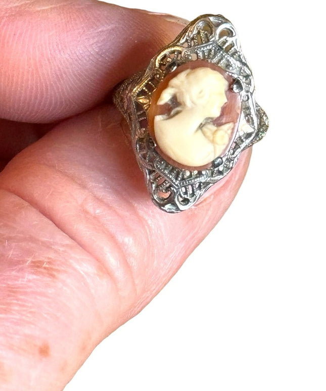 Antique sterling silver filagree shell cameo ring 925 art deco Victorian