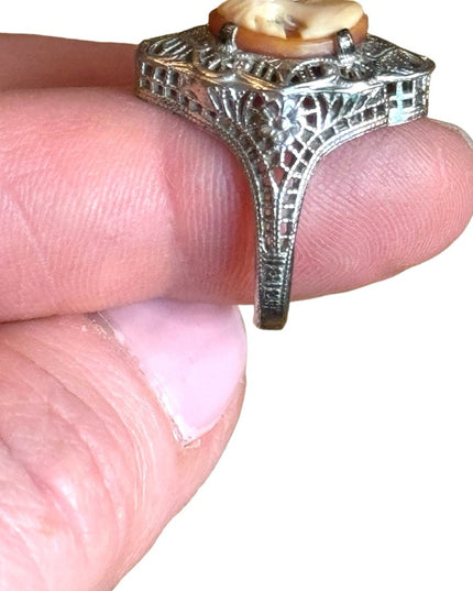 Antique sterling silver filagree shell cameo ring 925 art deco Victorian