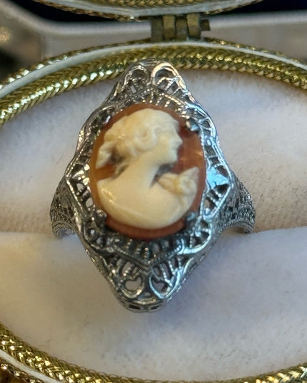 Antique sterling silver filagree shell cameo ring 925 art deco Victorian