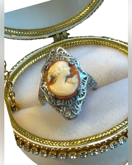 Antique sterling silver filagree shell cameo ring 925 art deco Victorian
