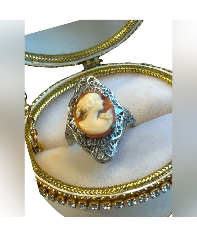 Antique sterling silver filagree shell cameo ring 925 art deco Victorian