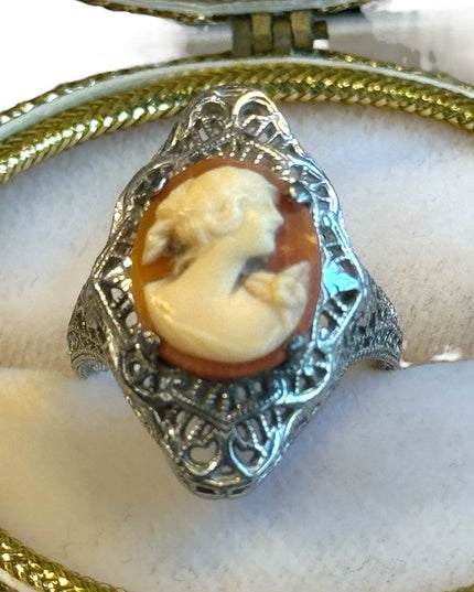 Antique sterling silver filagree shell cameo ring 925 art deco Victorian