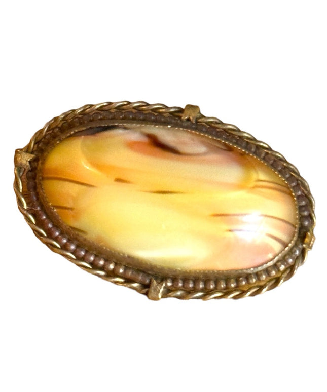 Stunning antique CZECH stamped fancy fired glass  brooch brassy hardware