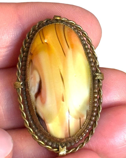 Stunning antique CZECH stamped fancy fired glass  brooch brassy hardware