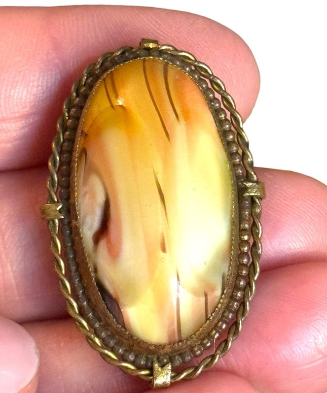 Stunning antique CZECH stamped fancy fired glass  brooch brassy hardware