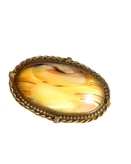 Stunning antique CZECH stamped fancy fired glass  brooch brassy hardware