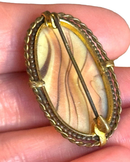 Stunning antique CZECH stamped fancy fired glass  brooch brassy hardware