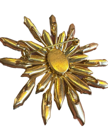 Vintage green crystal 1950s starburst flower brooch gold finish