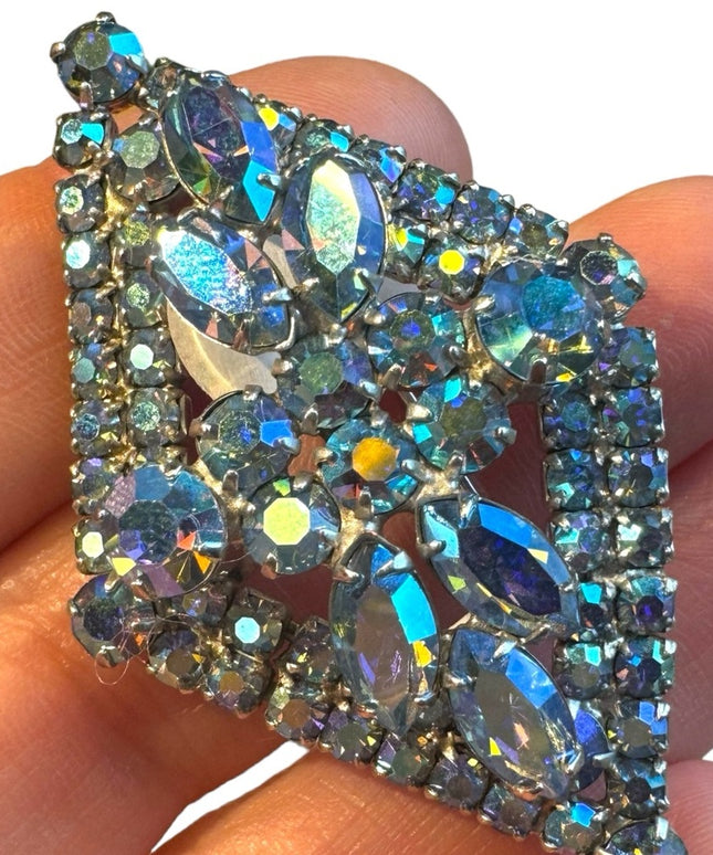 Stunnimg Jay Kel blue AB glass fancy silver finish brooch