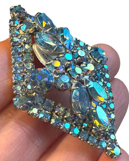 Stunnimg Jay Kel blue AB glass fancy silver finish brooch