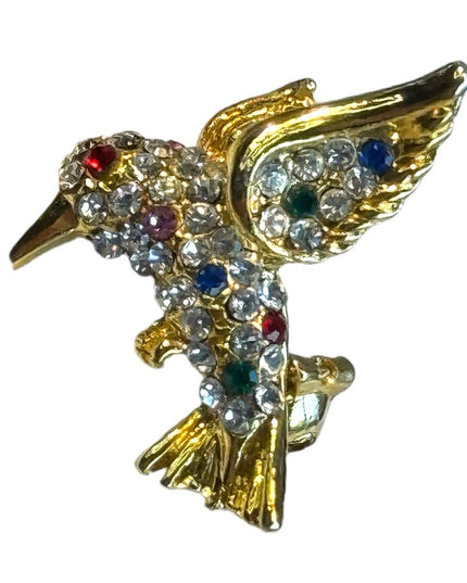 Cute tiny little rhinestone bird brooch gold finish
