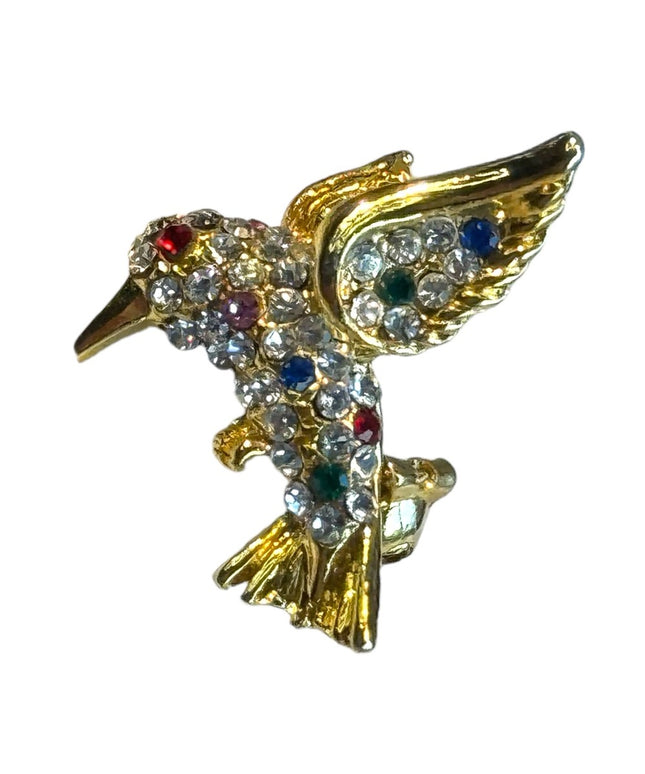 Cute tiny little rhinestone bird brooch gold finish