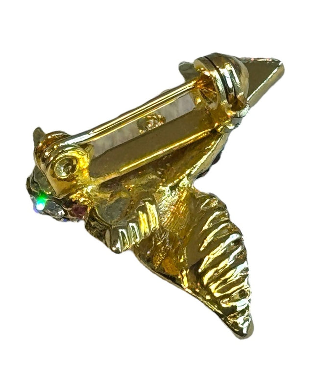 Cute tiny little rhinestone bird brooch gold finish