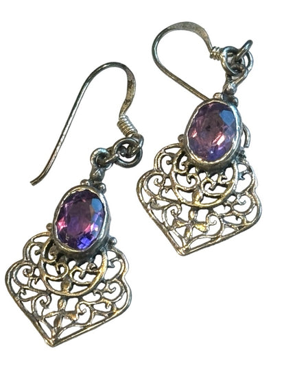 Lovely silver patina amethyst fancy filagree eareings scrollwork