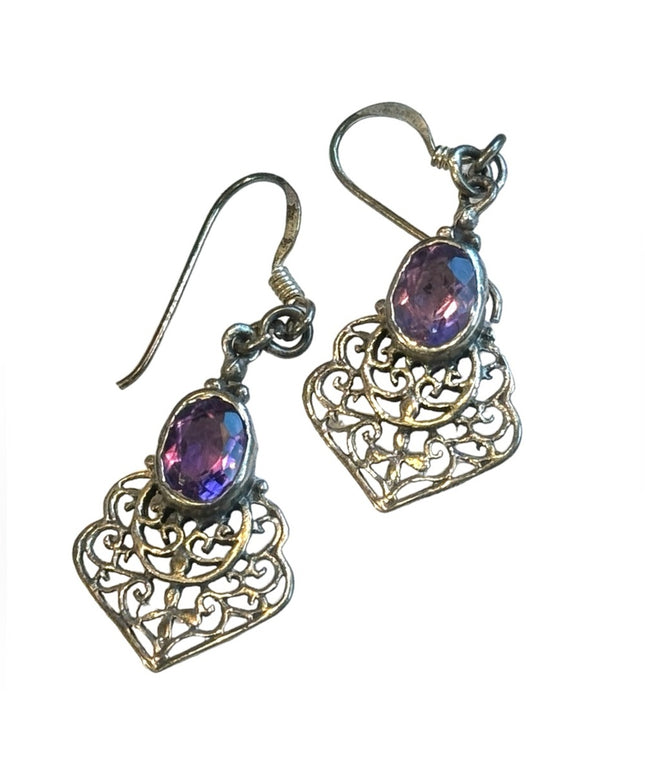 Lovely silver patina amethyst fancy filagree eareings scrollwork