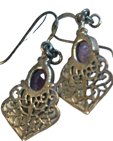 Lovely silver patina amethyst fancy filagree eareings scrollwork