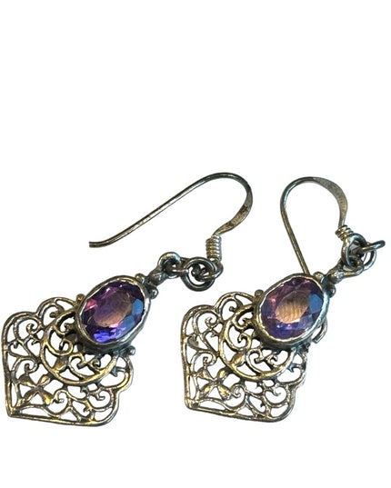 Lovely silver patina amethyst fancy filagree eareings scrollwork