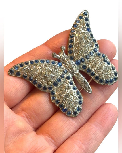 Antique Potmetal blue rhinestone large butterfly brooch