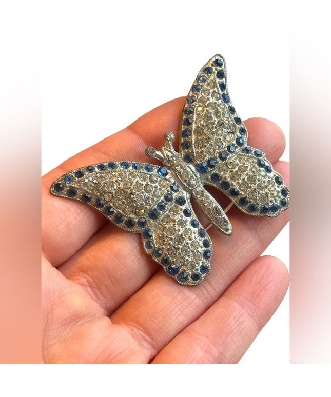 Antique Potmetal blue rhinestone large butterfly brooch