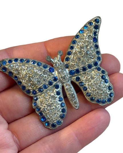 Antique Potmetal blue rhinestone large butterfly brooch